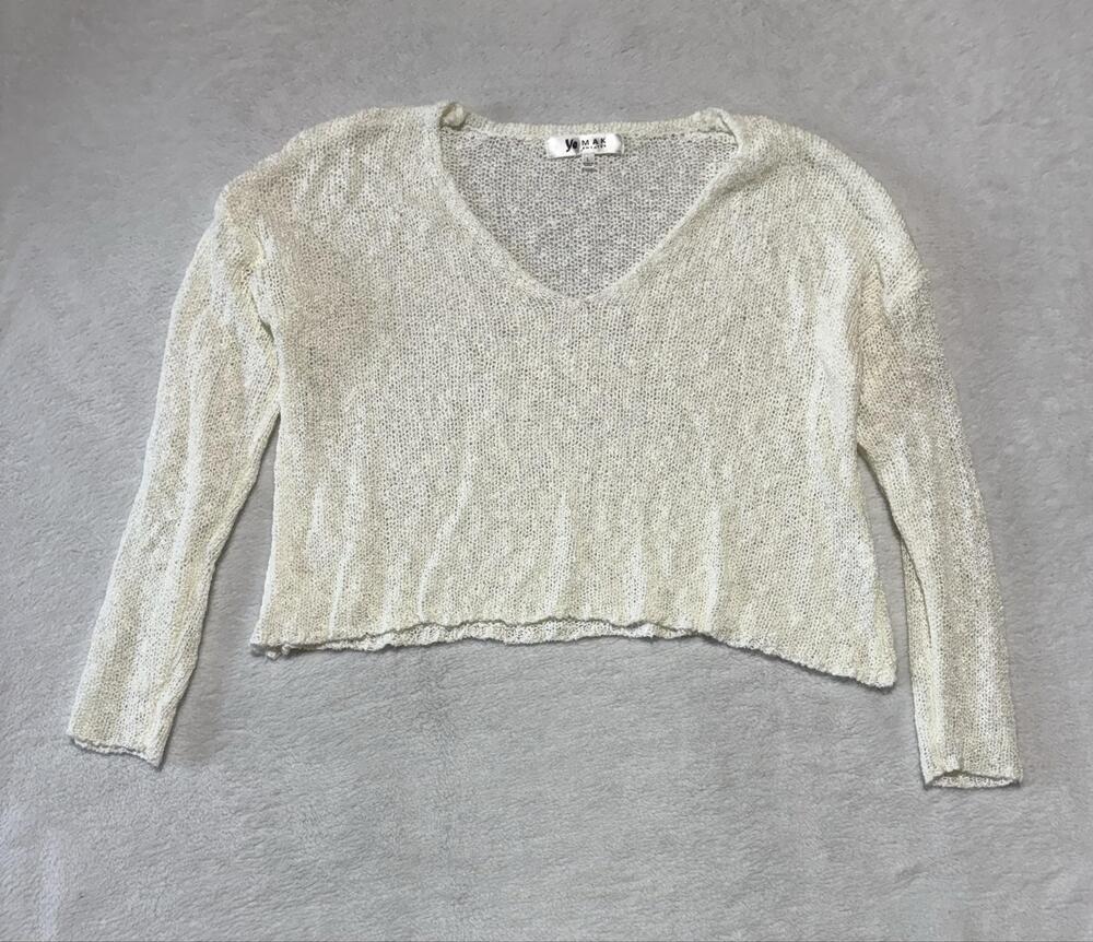 Ye Mak Sweater Womens Large White V Neck Open Knit Sheer Lightweight Pullover